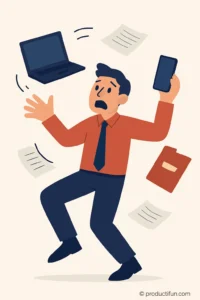 Personne stressée jonglant avec ordinateur, téléphone et documents
