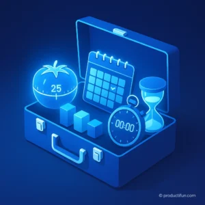 Valise d'outils de productivité avec minuteur Pomodoro, calendrier, sablier et chronomètre.