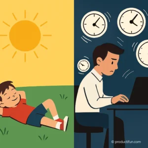 Contraste entre enfant détendu au soleil et adulte stressé entouré d'horloges