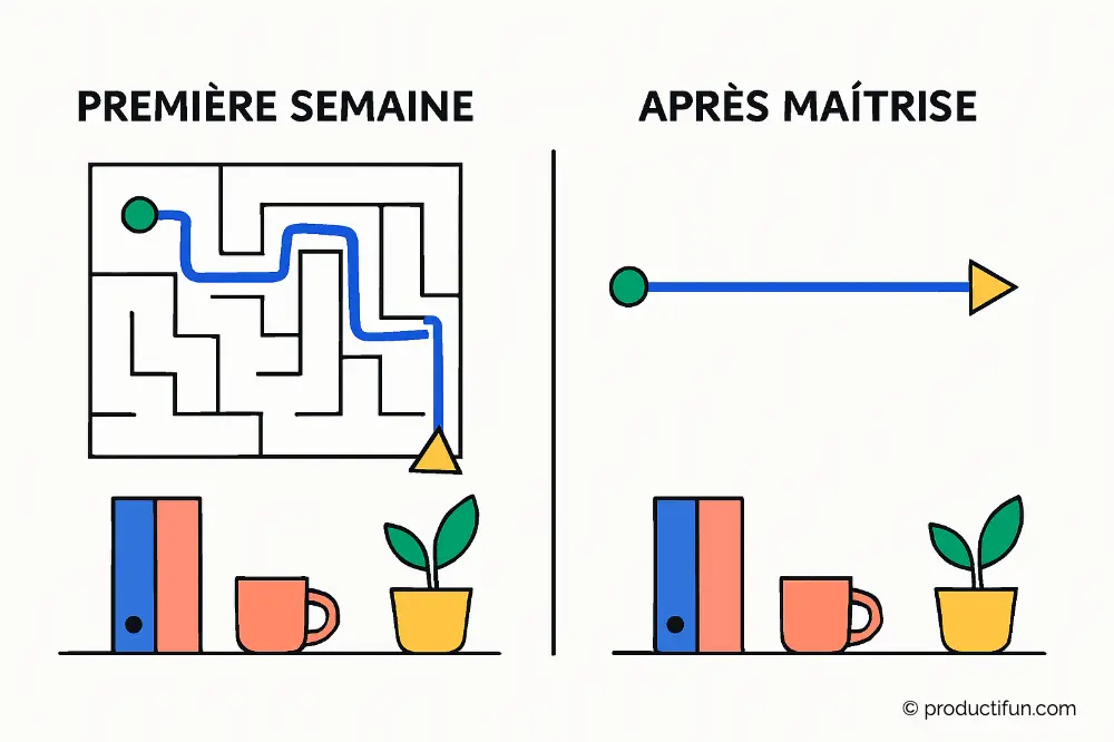 Illustration comparant une première semaine complexe représentée par un labyrinthe et une situation maîtrisée symbolisée par une ligne droite.