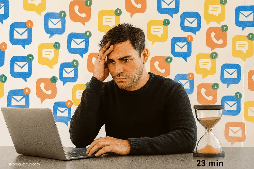 Illustration d'une personne distraite par de multiples notifications au travail, symbolisant l'attention fragmentée et la perte de temps.