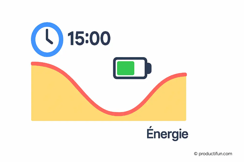 Illustration d’une courbe d’énergie avec un creux à 15h, symbolisant la baisse d’énergie en milieu d’après-midi au travail.