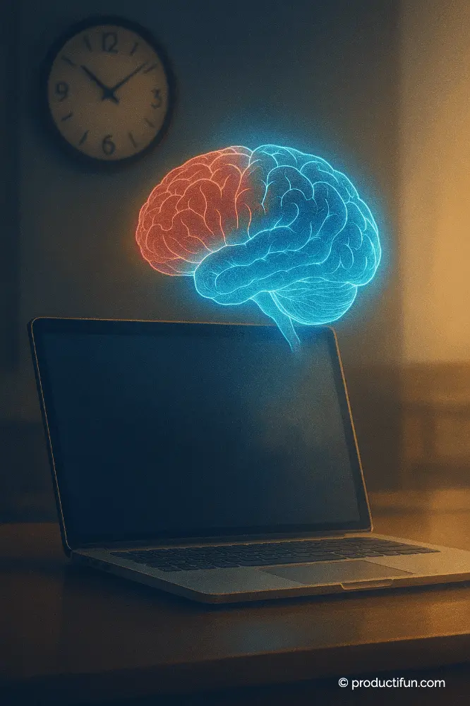 Illustration d’un cerveau lumineux au-dessus d’un ordinateur, représentant la récupération mentale et la concentration retrouvée après une micro-sieste.