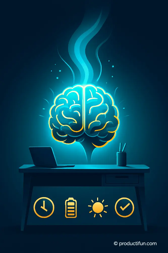 Illustration d’un cerveau lumineux rechargé au-dessus d’un bureau, symbolisant les effets bénéfiques de la micro-sieste sur la concentration et l’énergie.