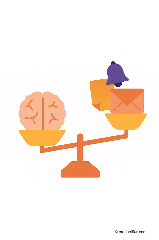 Illustration d’une balance déséquilibrée entre un cerveau et des notifications, symbolisant la charge mentale liée à l'organisation au travail.
