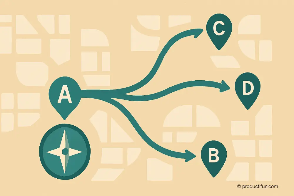 Illustration représentant différents chemins reliant le point A aux options B, C et D, symbolisant le profil d'organisation flexible au travail.