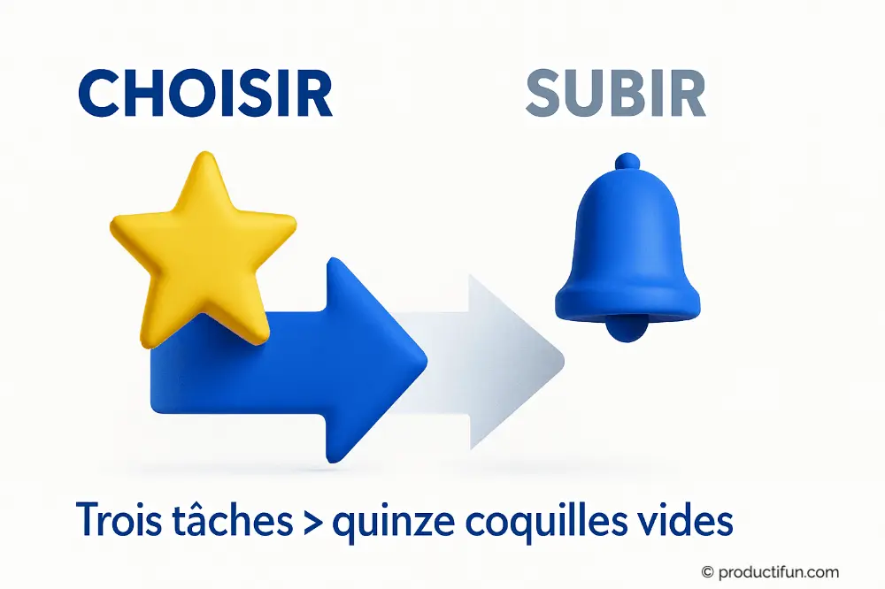Illustration opposant choisir et subir, symbolisant l’importance de se concentrer sur trois tâches importantes plutôt que sur de nombreuses insignifiantes.