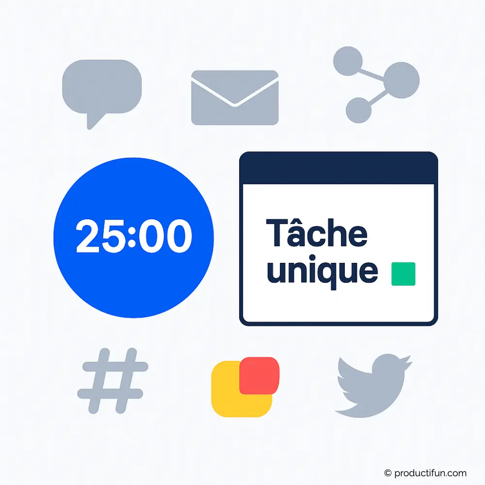 Illustration d’un minuteur de 25 minutes à côté d’une tâche unique, symbolisant la concentration sans distractions.
