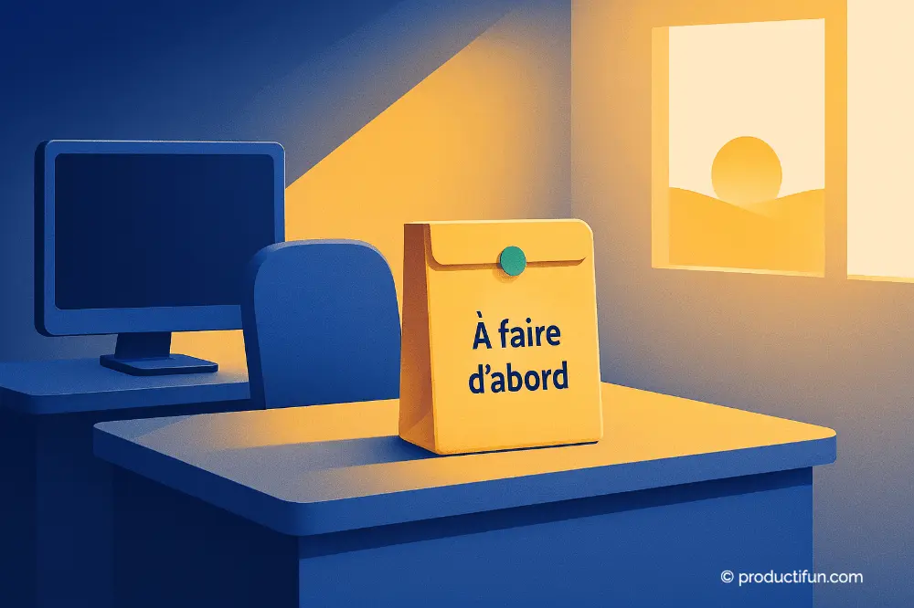 Illustration de la méthode "Eat that Frog" montrant un bureau au lever du soleil avec une enveloppe marquée "À faire d’abord", symbolisant la tâche prioritaire.