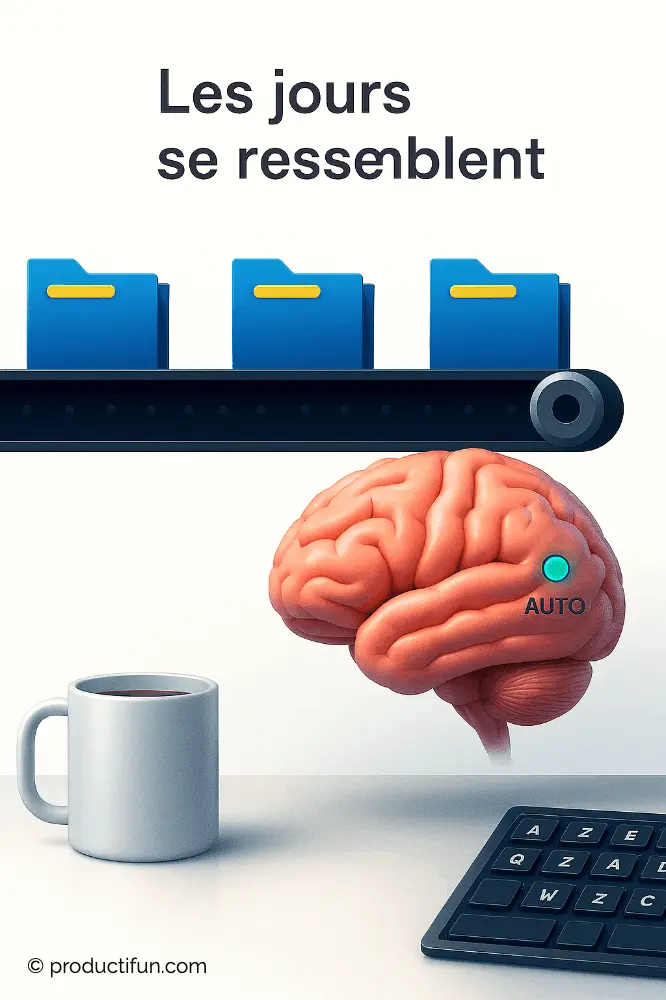 Illustration d’un cerveau en mode automatique symbolisant la routine quotidienne au travail où les jours se ressemblent.