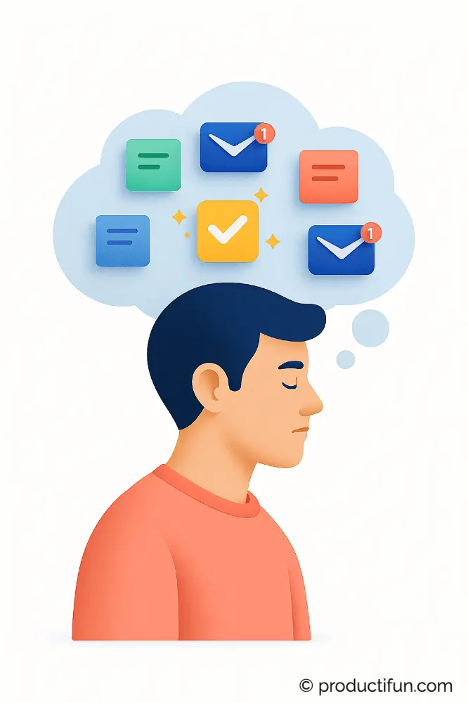 Illustration d’un homme pensant à plusieurs tâches et notifications, représentant l’effet Zeigarnik.