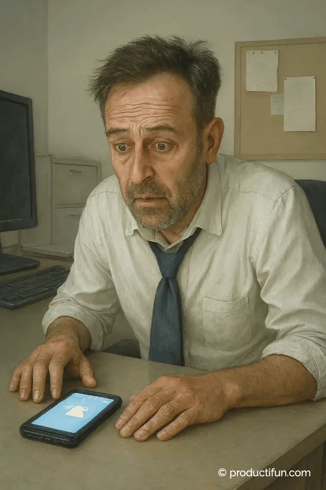 Image d’un homme fatigué au bureau regardant son téléphone, symbolisant les erreurs fréquentes lors d’une micro-sieste mal gérée.
