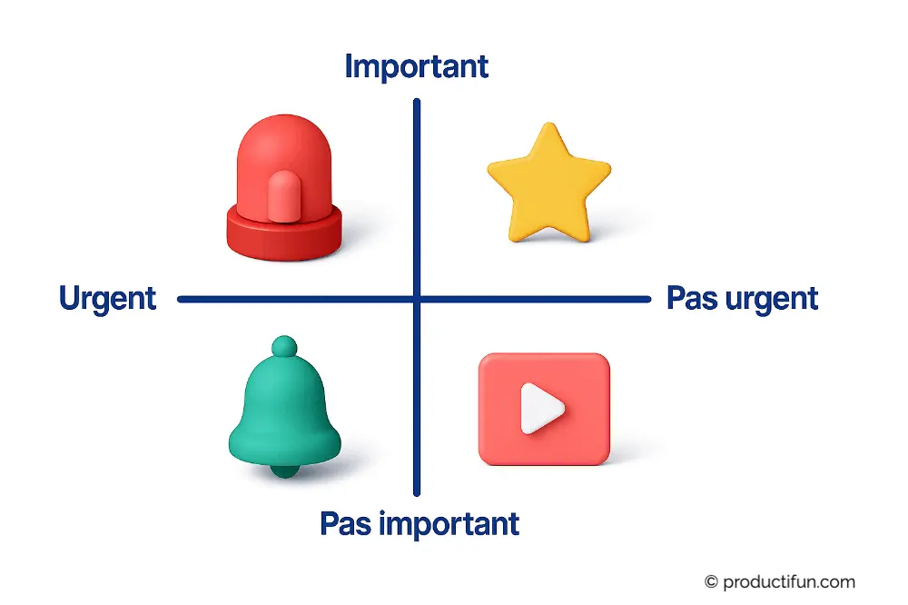 Illustration de la matrice d’Eisenhower distinguant les tâches urgentes, importantes, pas urgentes et pas importantes.