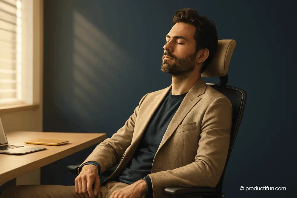 micro-sieste-bureau-homme-detente Homme en costume profitant d’une micro-sieste au bureau pour récupérer énergie et concentration.