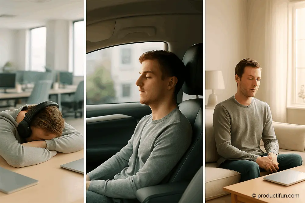 Trois situations de micro-sieste au travail : au bureau, dans la voiture et à la maison, illustrant les différents contextes possibles pour recharger son énergie.