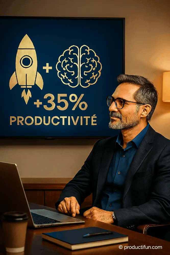 Présentation des bénéfices de la micro-sieste avec un visuel affichant +35 % de productivité, illustrant comment convaincre un employeur de ses effets positifs.