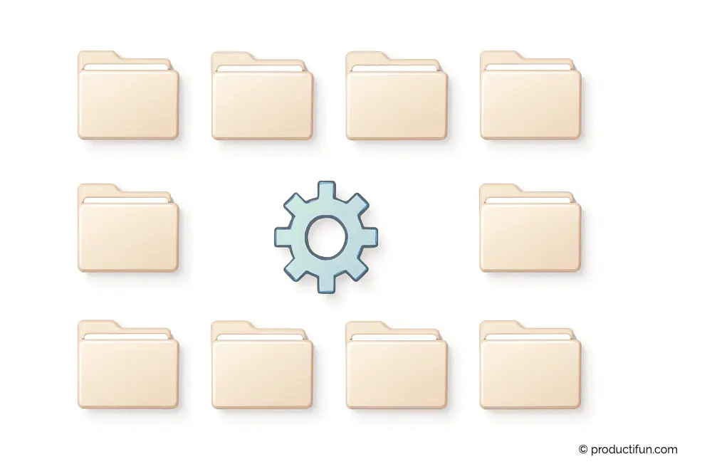Illustration représentant des dossiers bien rangés autour d’un engrenage, symbole d’une organisation structurée au travail.