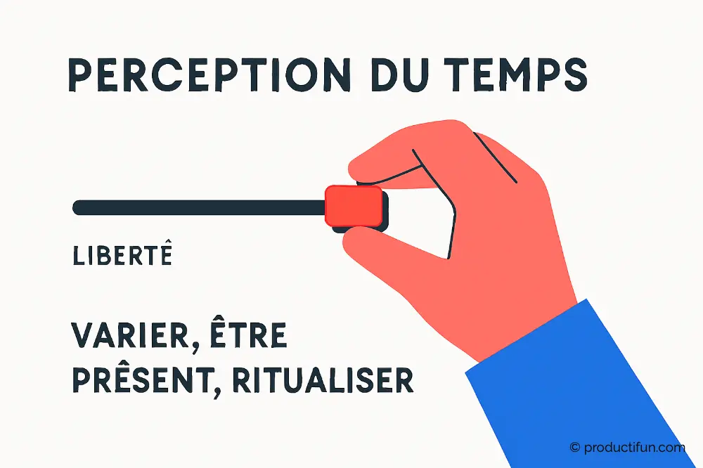 Illustration d’une main ajustant un curseur pour symboliser le contrôle de la perception du temps et la liberté de le vivre.