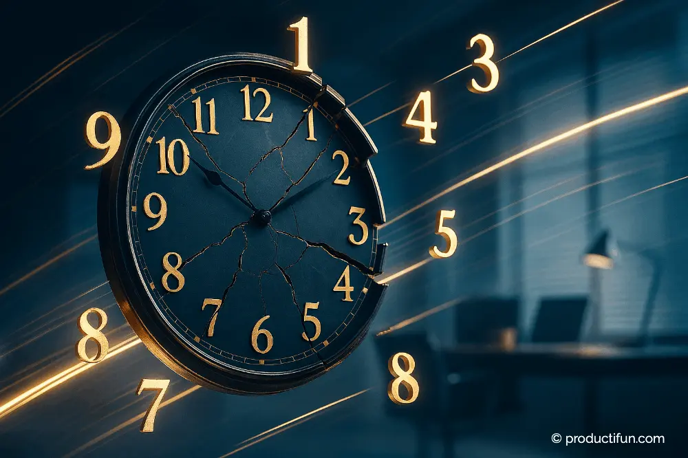 perception-du-temps-travail-temps-qui-file Horloge fissurée dont les chiffres s’envolent pour symboliser le temps qui file trop vite au travail.