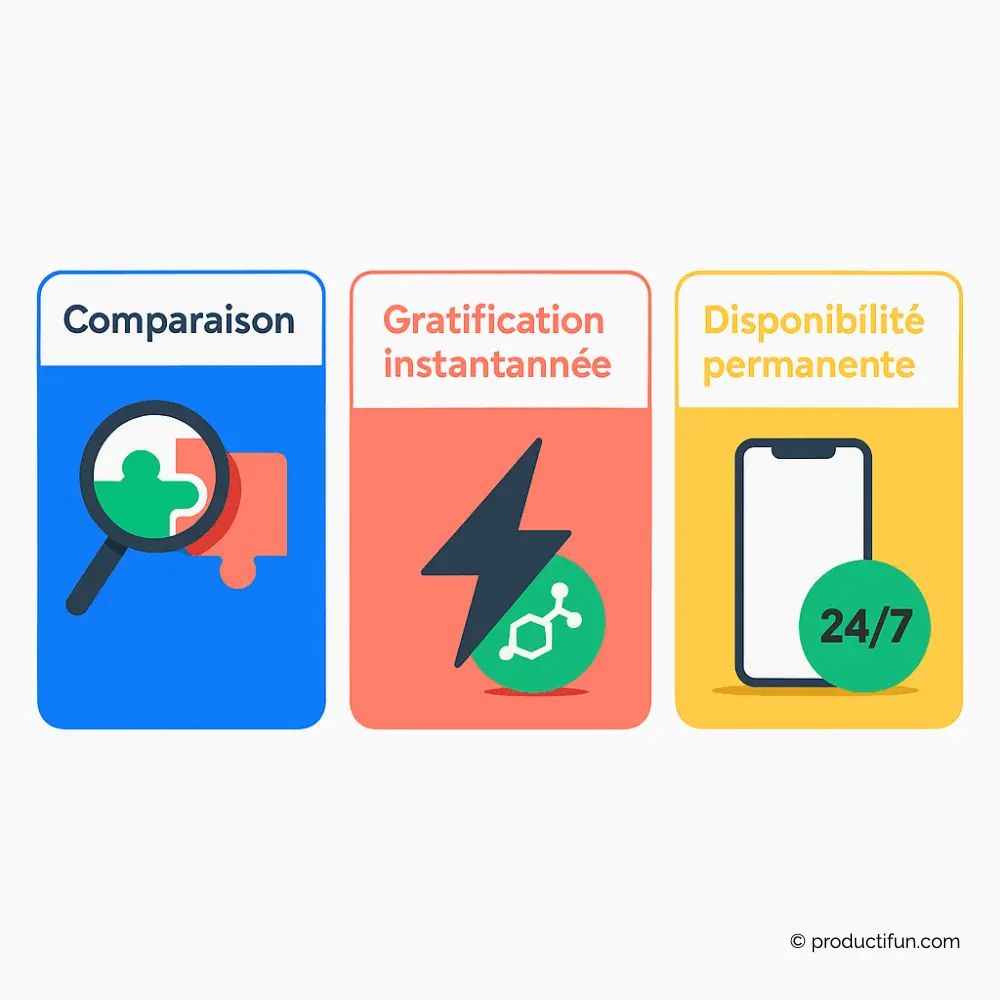 Illustration des trois pièges de l’instantanéité : comparaison, gratification instantanée et disponibilité permanente 24h/7.