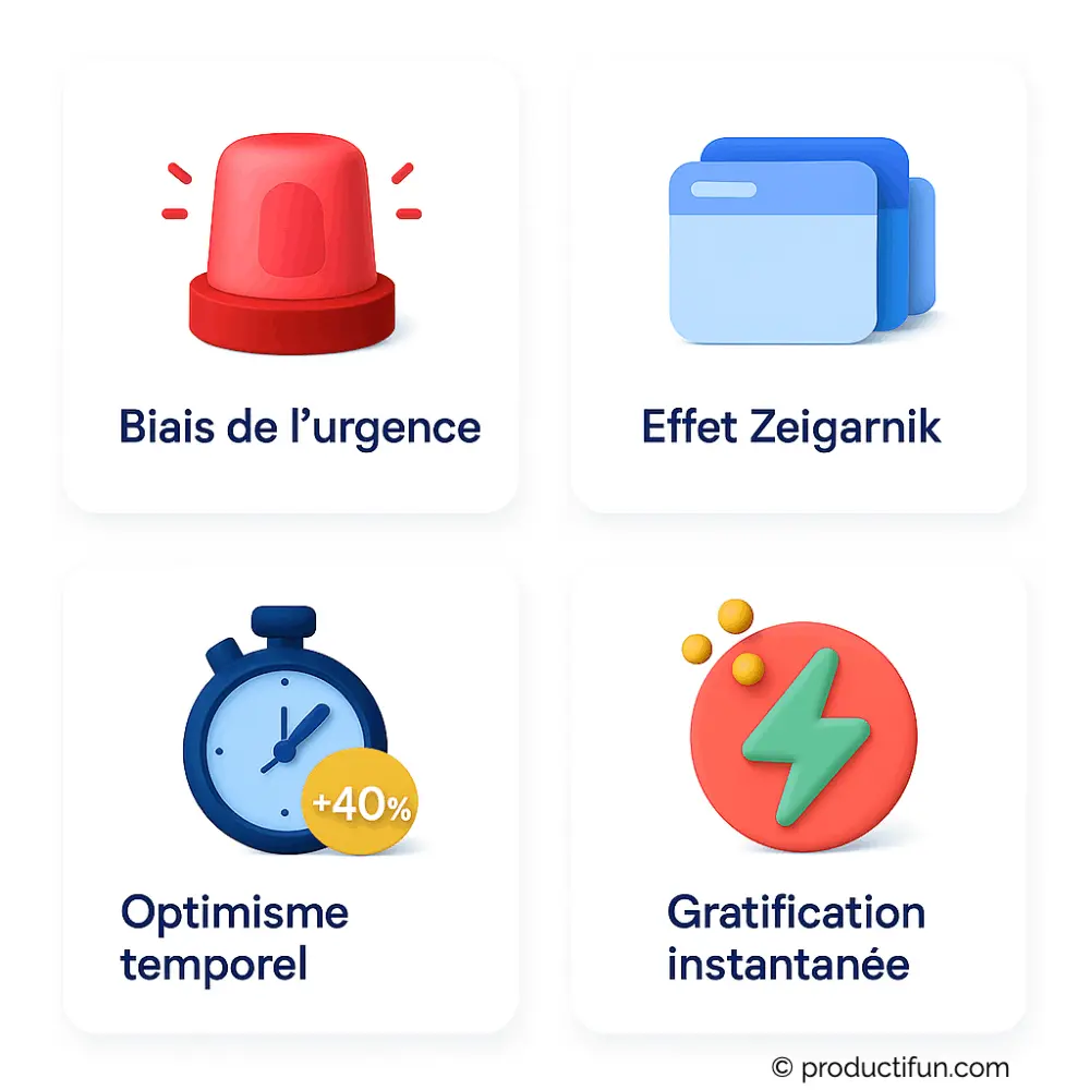 Illustration des quatre biais cognitifs qui perturbent la priorisation : biais de l’urgence, effet Zeigarnik, optimisme temporel et gratification instantanée.