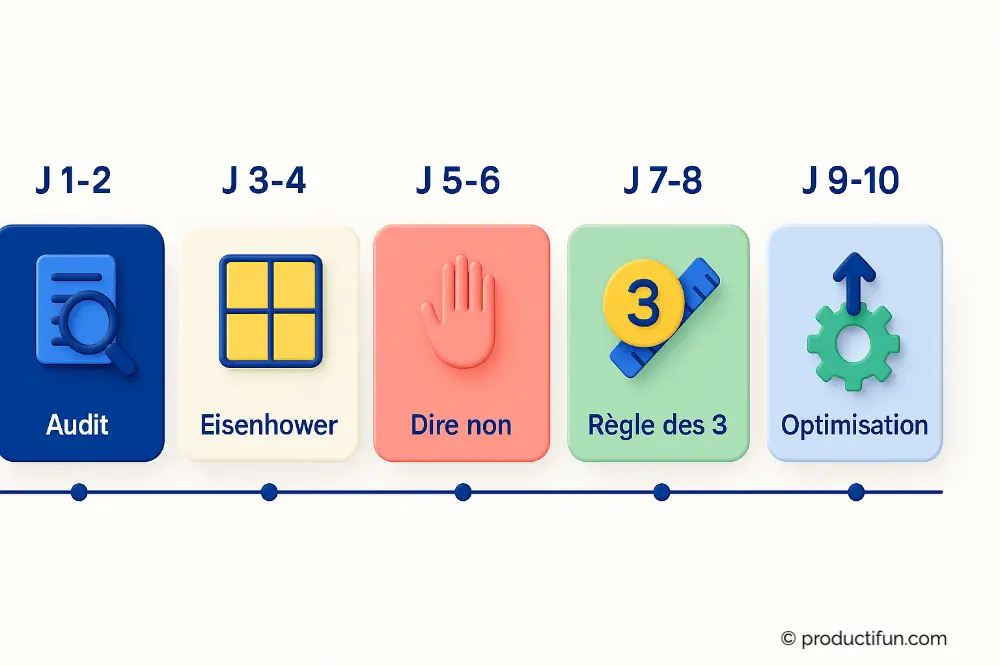 Illustration du plan d’action en 10 jours pour améliorer la priorisation au travail : audit, Eisenhower, dire non, règle des 3, optimisation.