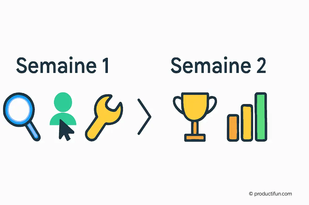 Illustration du plan d'action en deux semaines pour améliorer son organisation au travail : diagnostic puis résultats.
