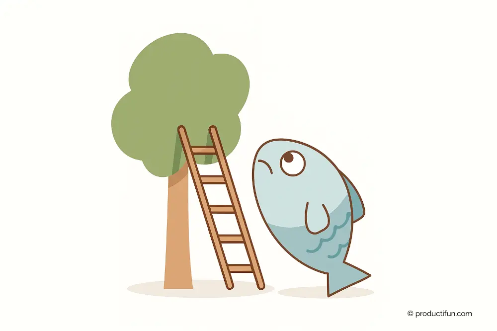 Illustration humoristique d’un poisson regardant un arbre avec une échelle, symbolisant une méthode d’organisation inadaptée.