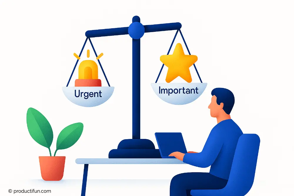 priorisation-travail-urgent-important Balance comparant “urgent” et “important” sur un bureau.