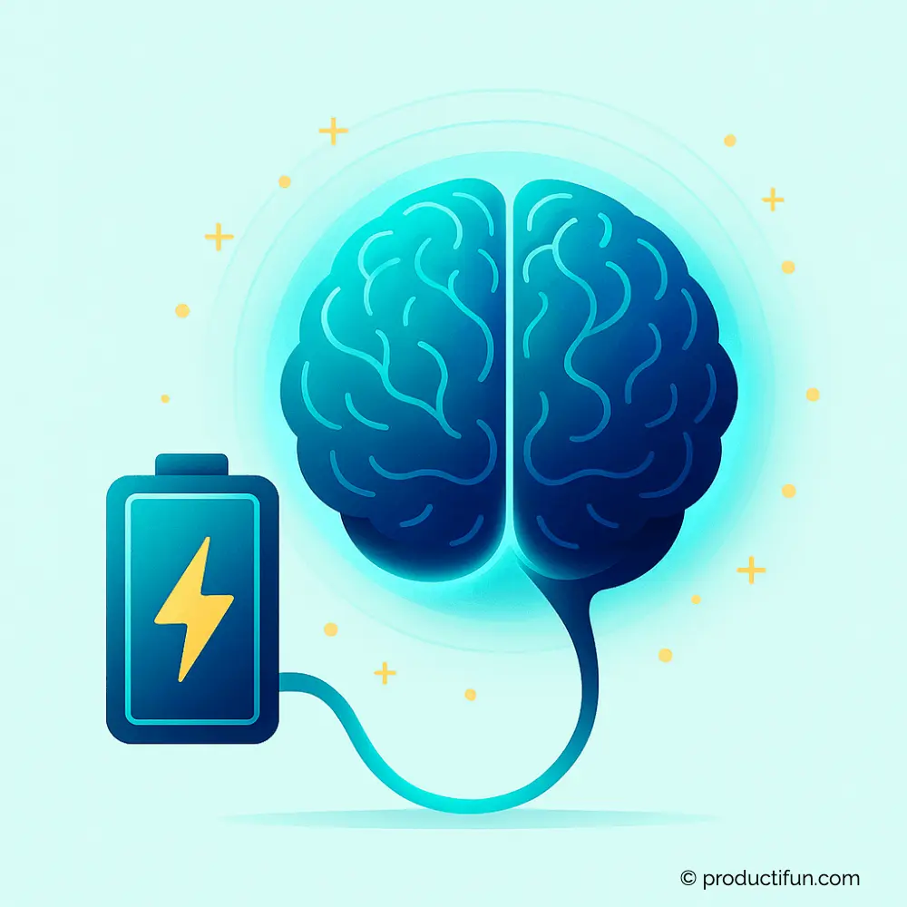 Illustration d’un cerveau connecté à une batterie pleine pour symboliser la recharge mentale apportée par la micro-sieste.
