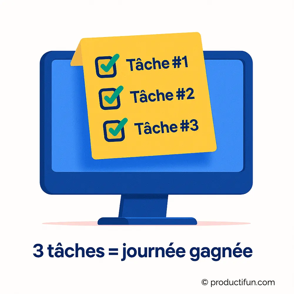 Illustration d’un écran avec une liste de trois tâches cochées, représentant la règle des 3 tâches.