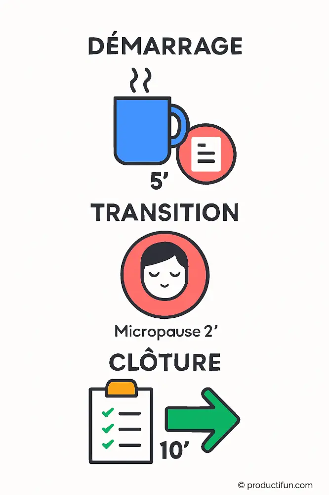 Illustration des rituels quotidiens avec trois étapes : démarrage de 5 minutes, micropause de 2 minutes et clôture de 10 minutes.