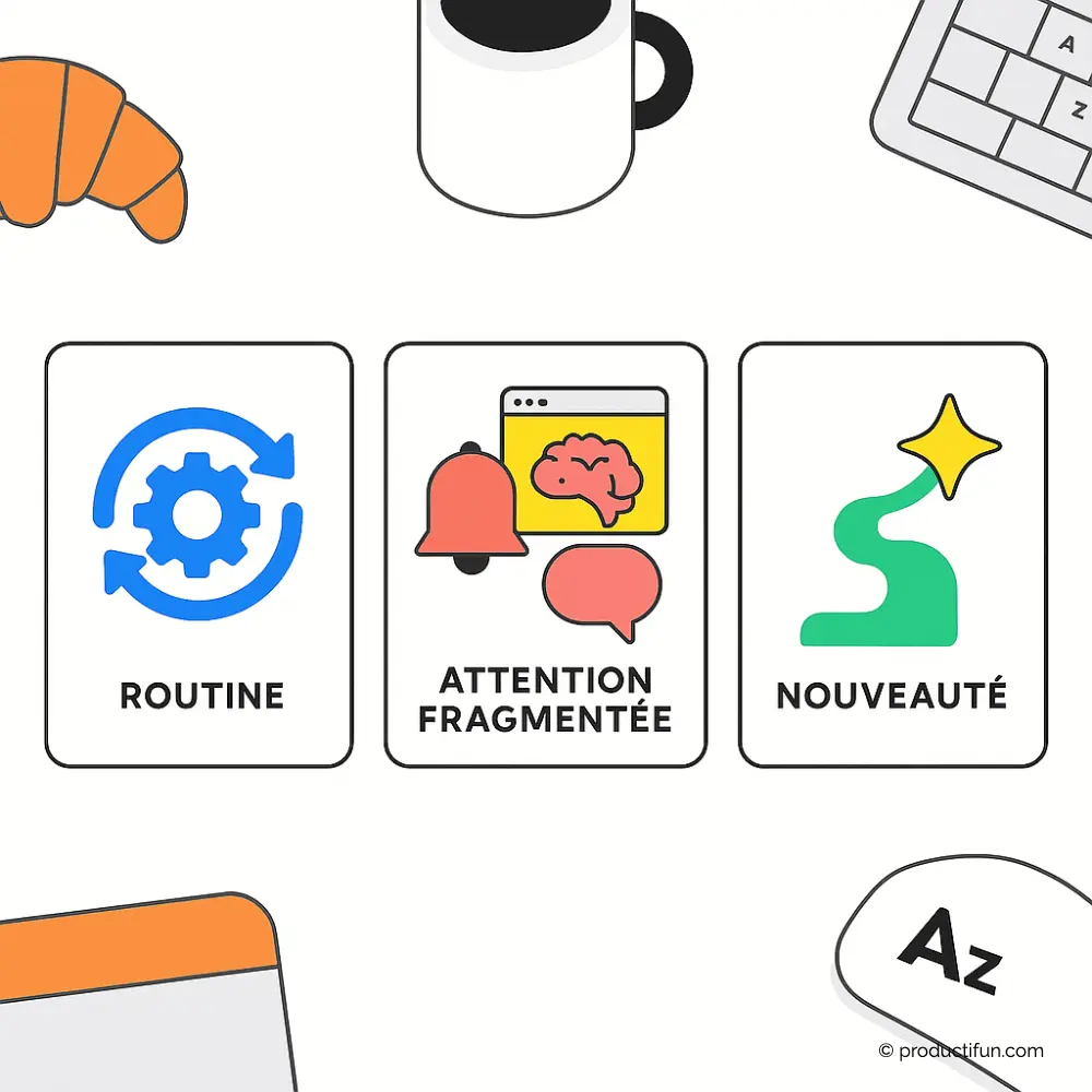 Illustration des trois facteurs qui influencent la perception du temps au travail : routine, attention fragmentée et nouveauté.