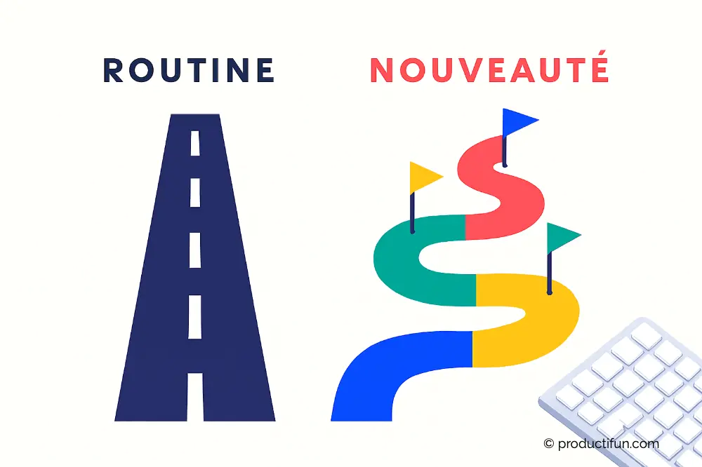 Illustration comparant une route droite représentant la routine et un chemin coloré sinueux représentant la nouveauté dans la perception du temps.