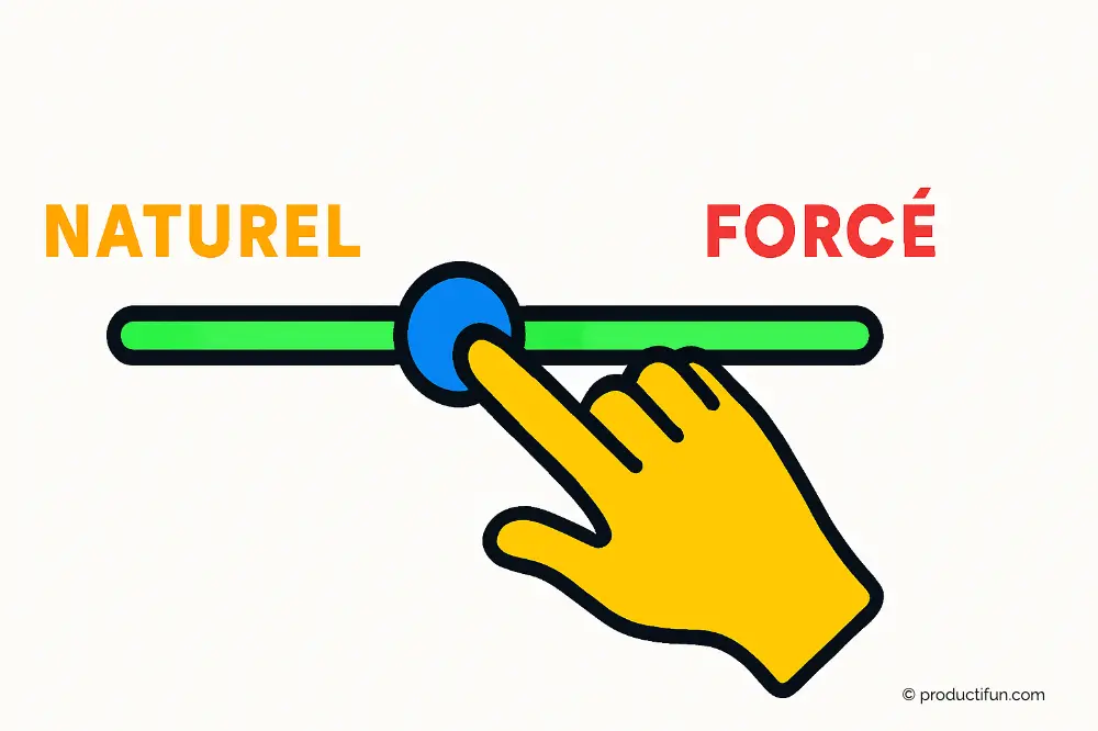 Illustration d'une main ajustant un curseur entre naturel et forcé, symbolisant le style d'organisation au travail.