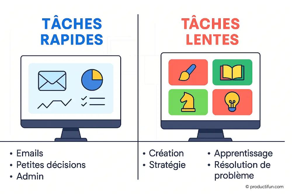 Illustration comparant les tâches rapides comme les emails et les décisions simples aux tâches lentes comme la création, la stratégie et l’apprentissage.