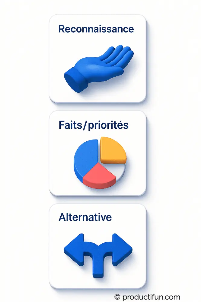 Illustration des trois étapes du sandwich diplomatique : reconnaissance, faits et priorités, alternative.