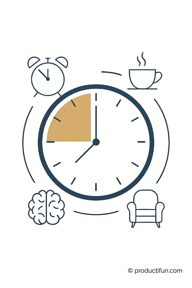 Illustration d’une horloge indiquant la durée idéale de 15 à 20 minutes pour une micro-sieste au travail, entourée de symboles de détente.