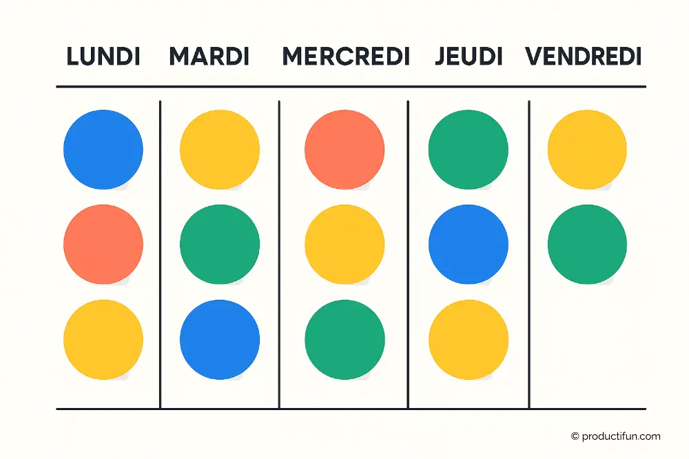 Illustration d’un planning de la semaine avec des cercles colorés représentant des tâches variées chaque jour.