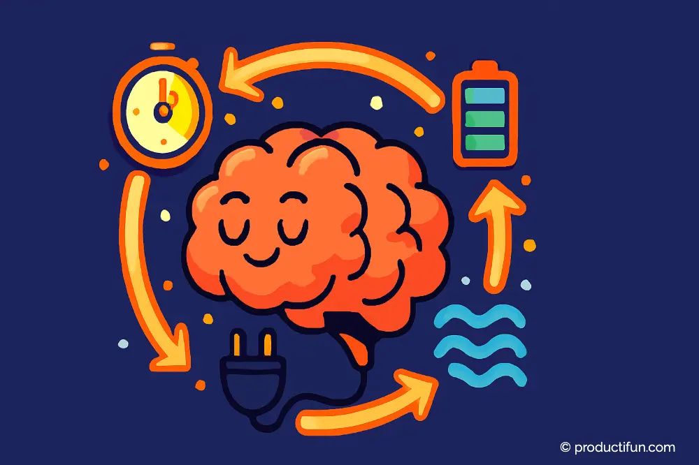 Cerveau qui se recharge avec un cycle de pauses et d’énergie pendant le travail.