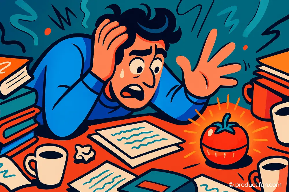 Étudiant débordé face à un minuteur en forme de tomate sur un bureau.
