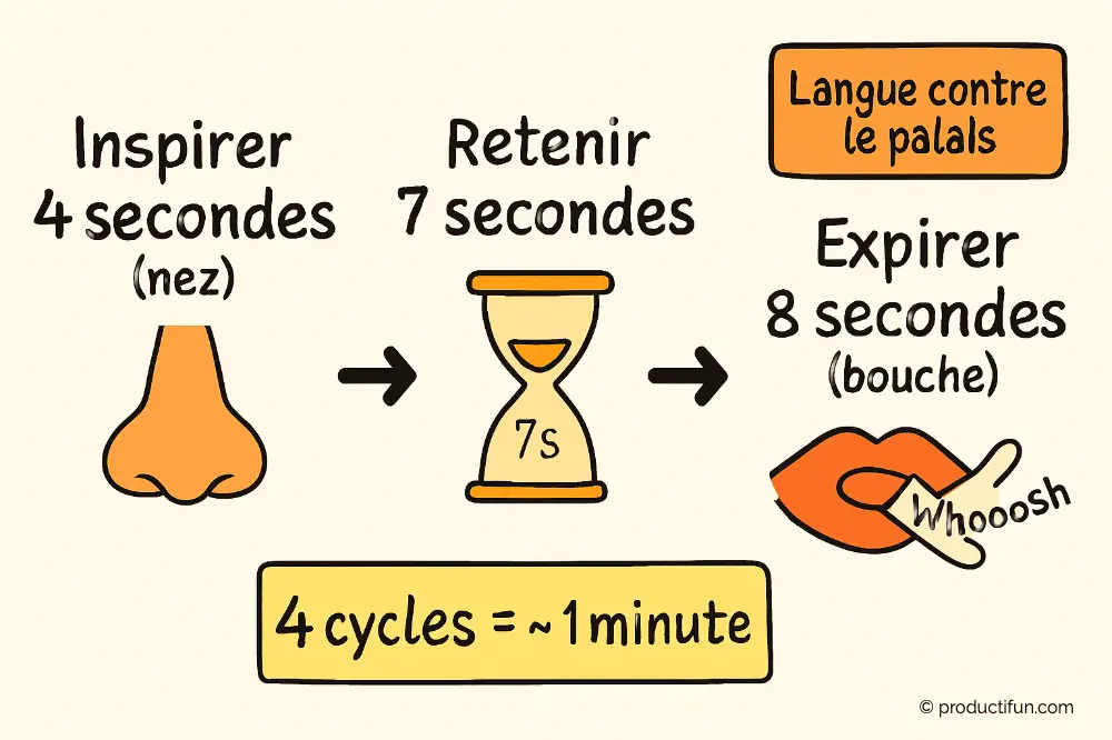 Schéma simple de la respiration 4-7-8 avec les étapes inspirer 4 secondes, retenir 7 secondes et expirer 8 secondes.