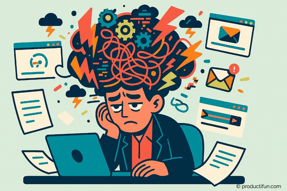 fatigue-mentale-travail-illustration Illustration d’un salarié au bureau submergé mentalement avec des pensées enchevêtrées.