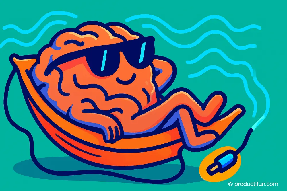 Cerveau allongé dans un hamac, détendu avec des lunettes de soleil, en train de se reposer et de se recharger, évitant une fatigue mentale.