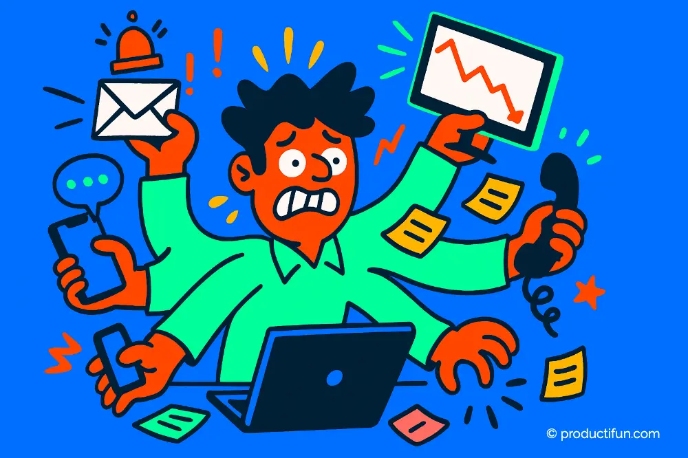 Personne débordée tentant de gérer plusieurs tâches en même temps, illustrant la fatigue mentale lié au multitâche.