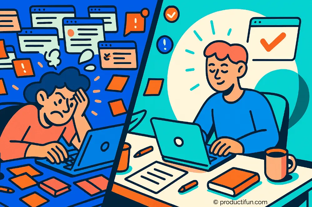 Illustration montrant un travailleur débordé à gauche et un travailleur organisé et serein à droite.