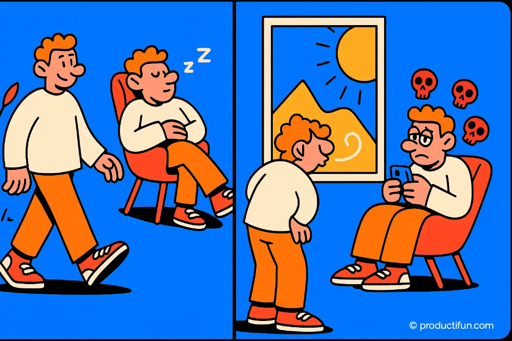 Comparaison entre une vraie pause reposante et une fausse pause où la personne scrolle sur son téléphone.