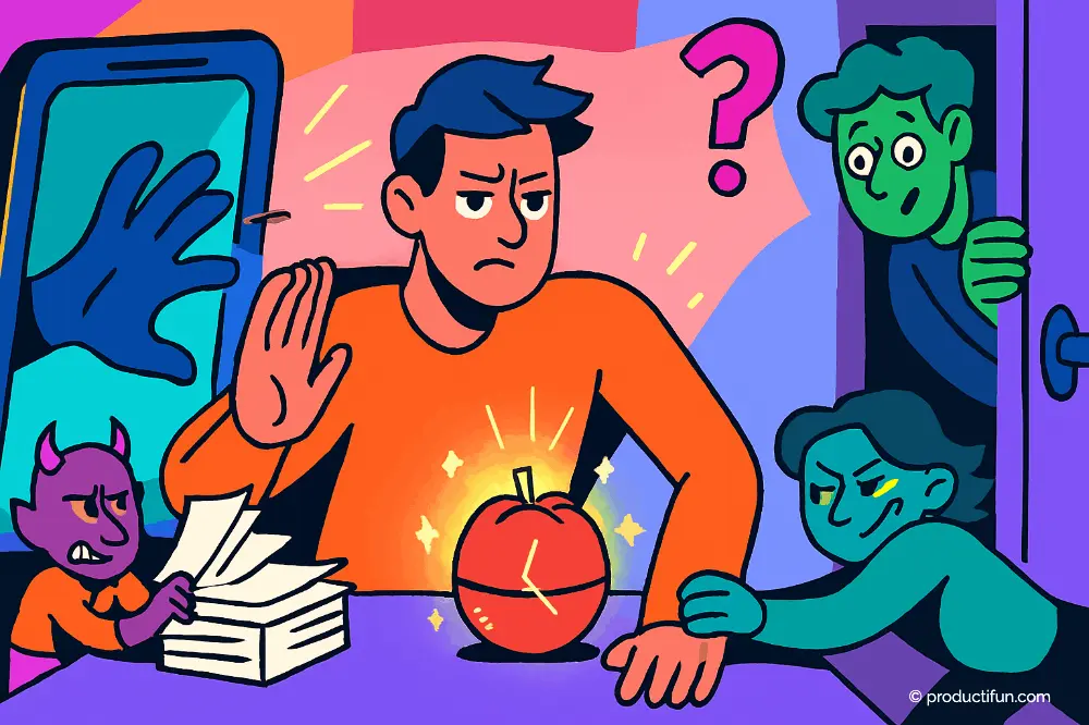 Personne concentrée empêchant des interruptions de collègues, notifications et distractions pendant une séance pomodoro avec son minuteur.