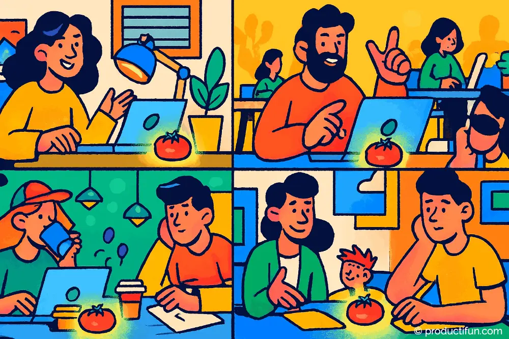 Illustration montrant plusieurs personnes utilisant un minuteur Pomodoro dans différents environnements de travail : bureau, café, open space, à la maison.