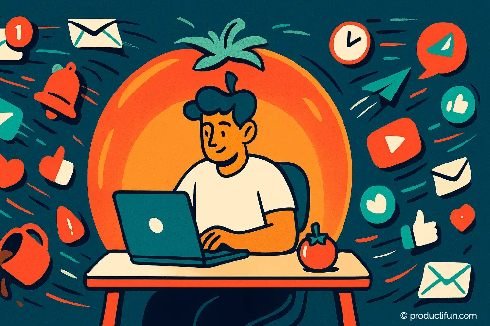pomodoro-methode-concentration-article-principal Illustration d’une personne concentrée avec la méthode Pomodoro malgré les distractions.